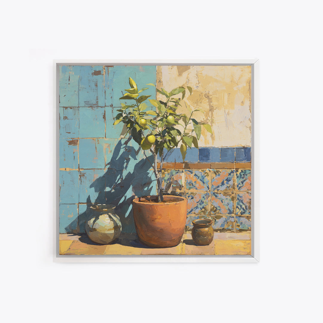 Citrus Tree in Clay Pot Framed Canvas Print, Mediterranean Art, Landscape Painting, Living Room Decor, Watercolor Art, Azure, MAR-1x1-34