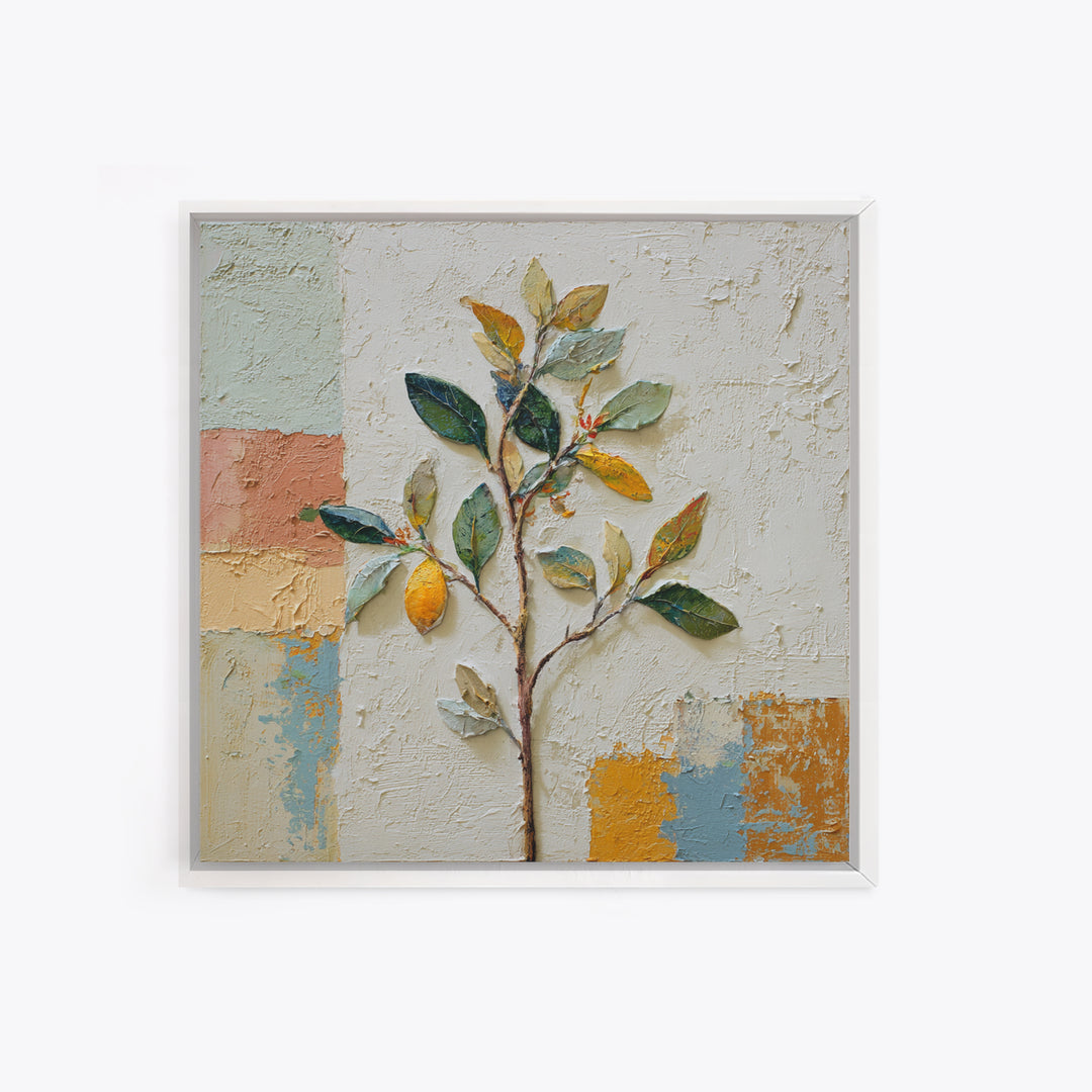 Sicilian Lemon Branch on Ivory Background Framed Canvas Print, Mediterranean Art, Gallery Wall Art, Living Room Decor, Azure, MAR-1x1-37