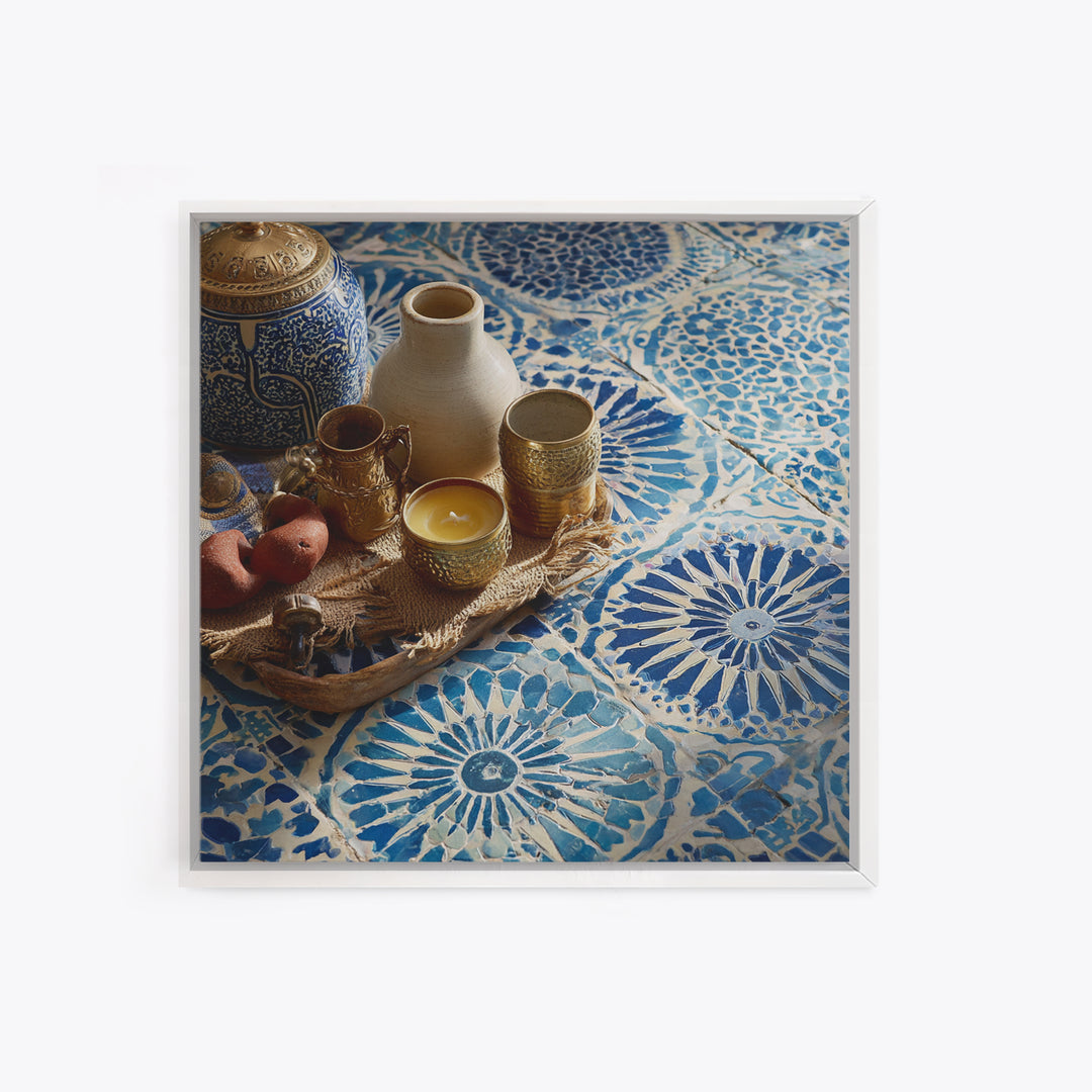 Blue and White Tile Pattern Canvas Print, Mediterranean Art, Printable Wall Art, Living Room Decor, Watercolor Art, Azure, MAR-1x1-4