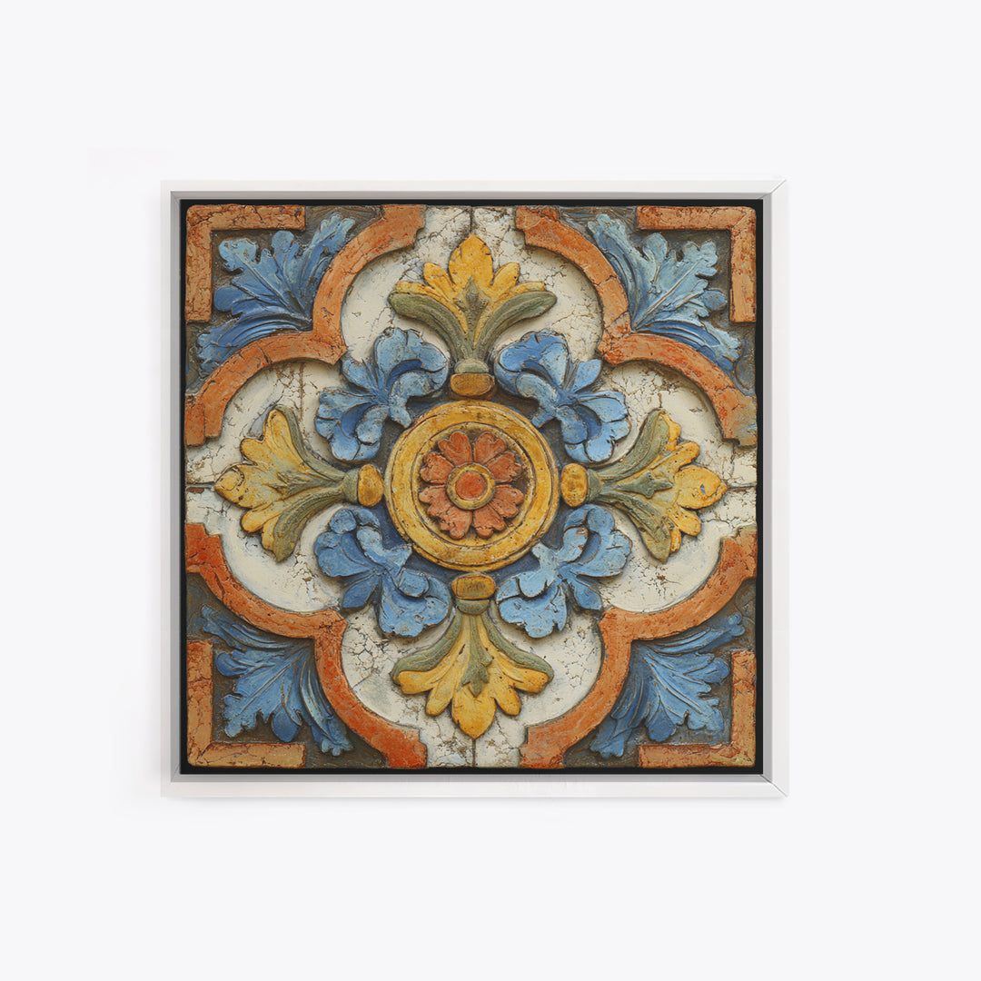 Spanish Tile Ornament Framed Canvas Print, Mediterranean Art, Luxury Decor, Living Room Decor, Fine Art, Azure, Framed Wall Art, MAR-1x1-40