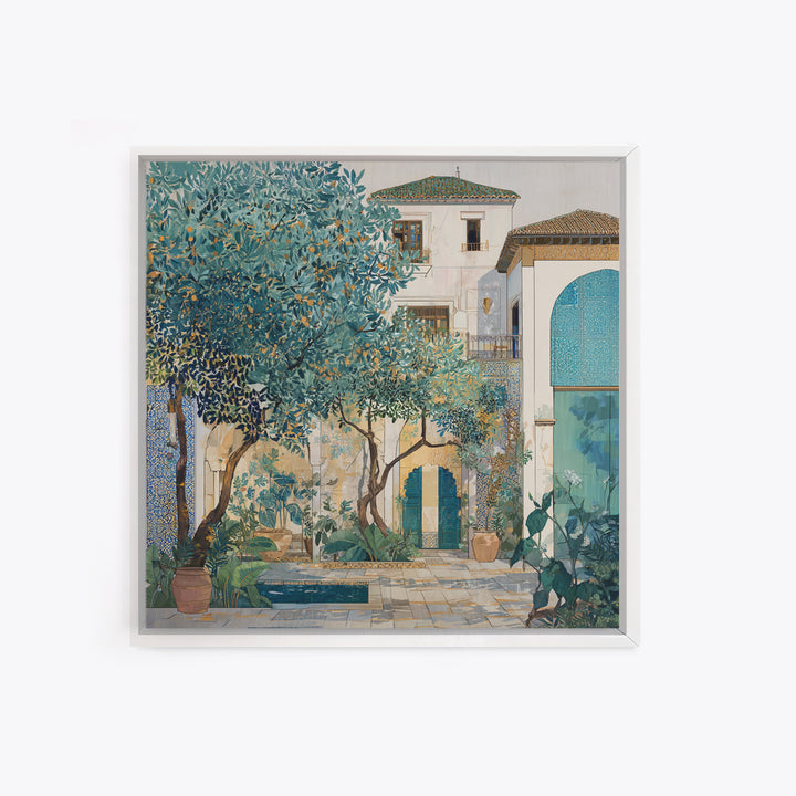 Olive Grove under Pale Morning Light Framed Canvas Print, Mediterranean Art, Landscape Wall Art, Living Room Decor, Azure, MAR-1x1-41