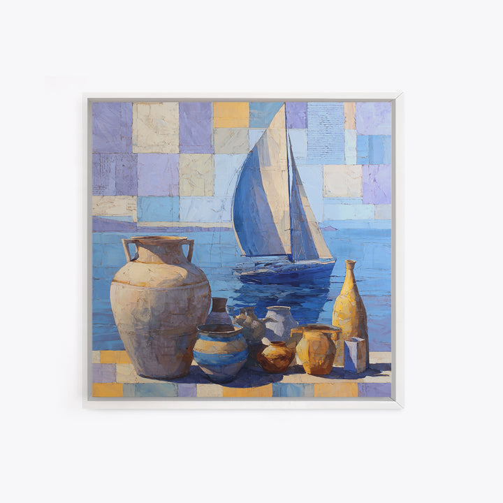 Mediterranean Sailboat on Glassy Water Framed Canvas Print, Mediterranean Art, Watercolor Art, Living Room Decor, Abstract Art, MAR-1x1-42
