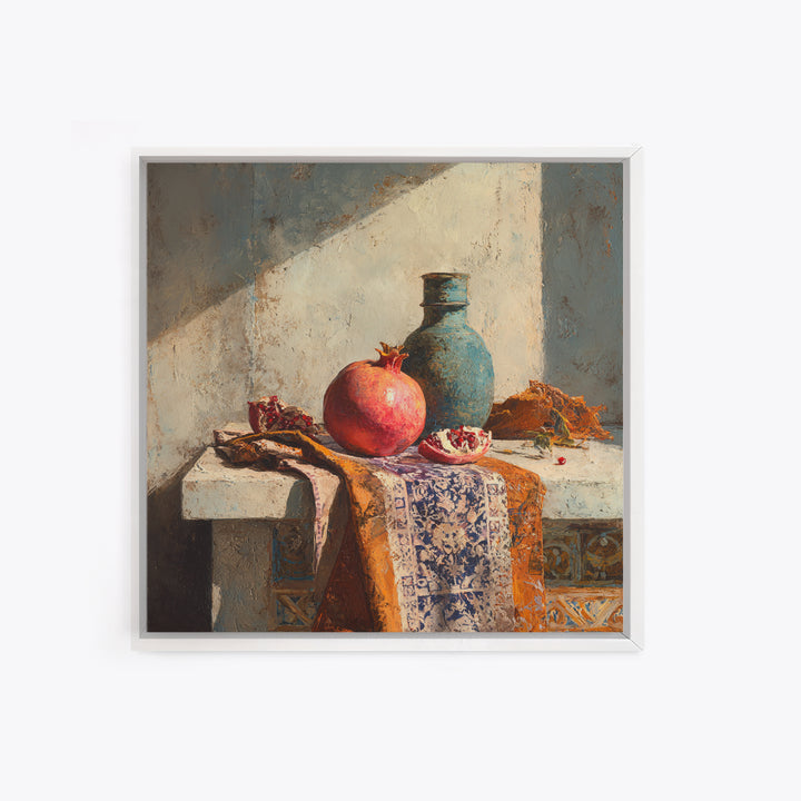 Pomegranate Still Life Framed Canvas Print, Mediterranean Art, Digital Art Prints, Living Room Decor, Oil Painting, Azure, MAR-1x1-43