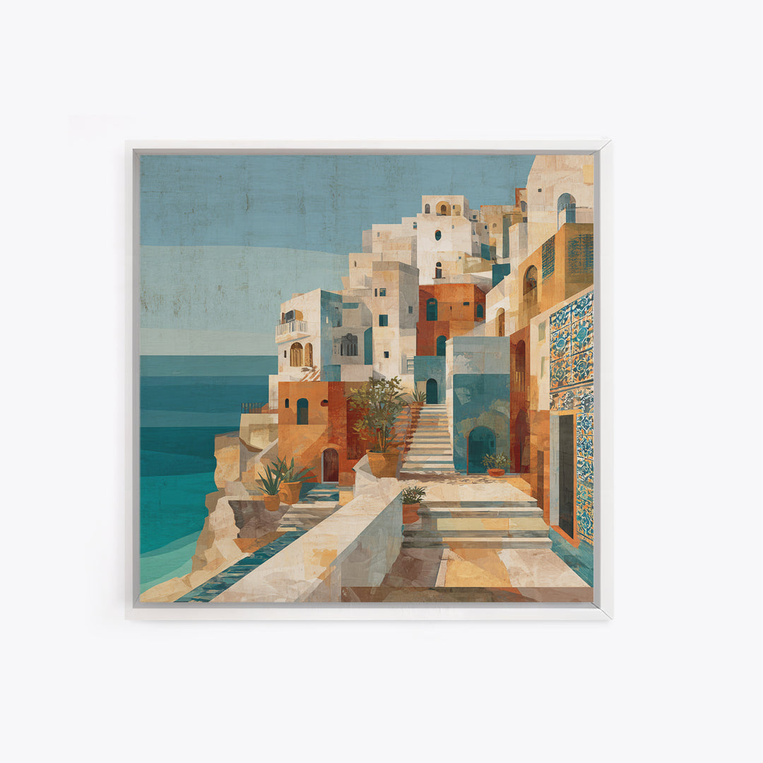 Coastal Cliffs with Sparkling Blue Water Framed Canvas Print, Mediterranean Art, Horizontal Wall Art, Living Room Decor, Azure, MAR-1x1-44