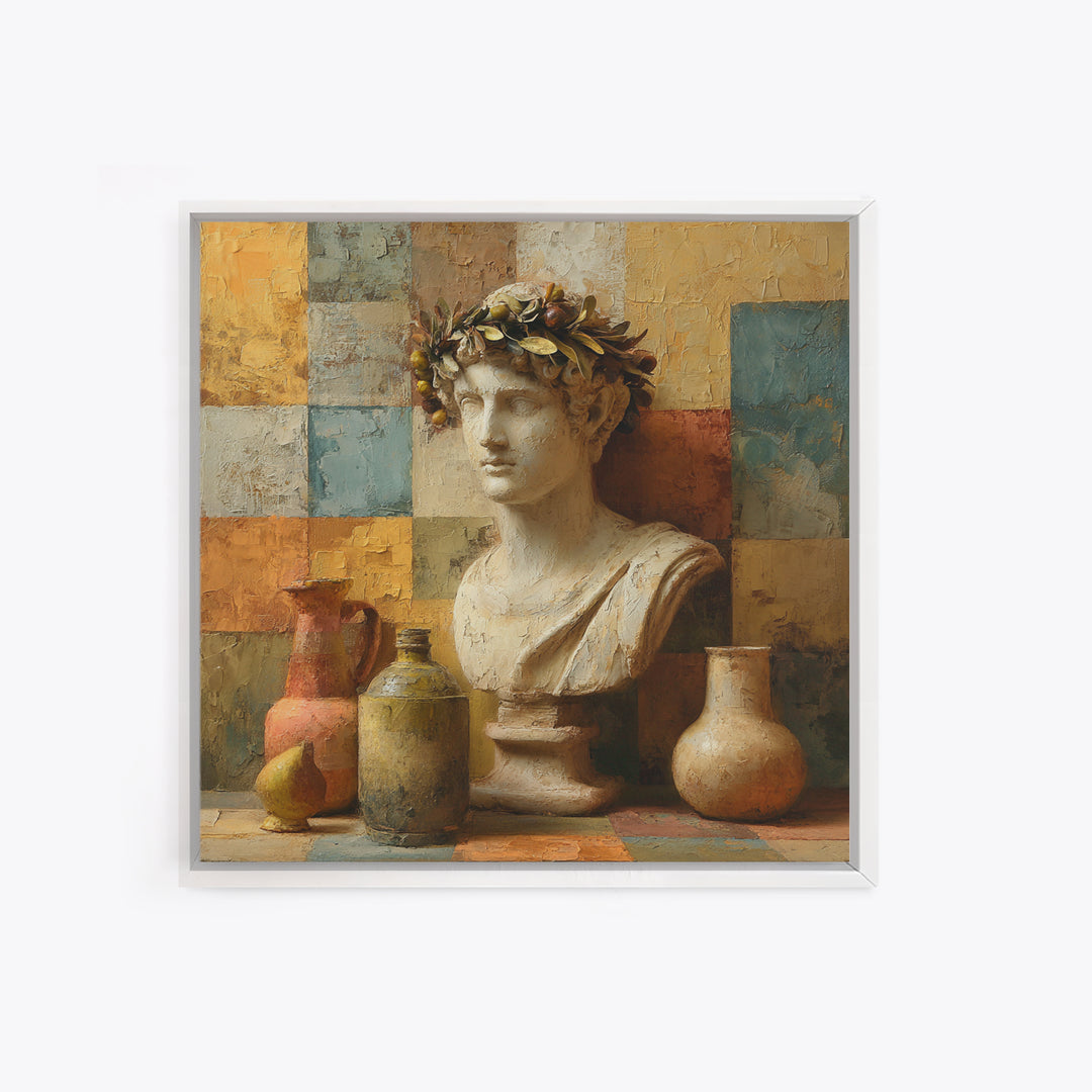 Roman Statue Bust Framed Canvas Print, Mediterranean Art, Coastal Decor, Living Room Decor, Fine Art, Azure, Wall Decor, MAR-1x1-46