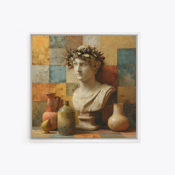 Roman Statue Bust Framed Canvas Print, Mediterranean Art, Coastal Decor, Living Room Decor, Fine Art, Azure, Wall Decor, MAR-1x1-46