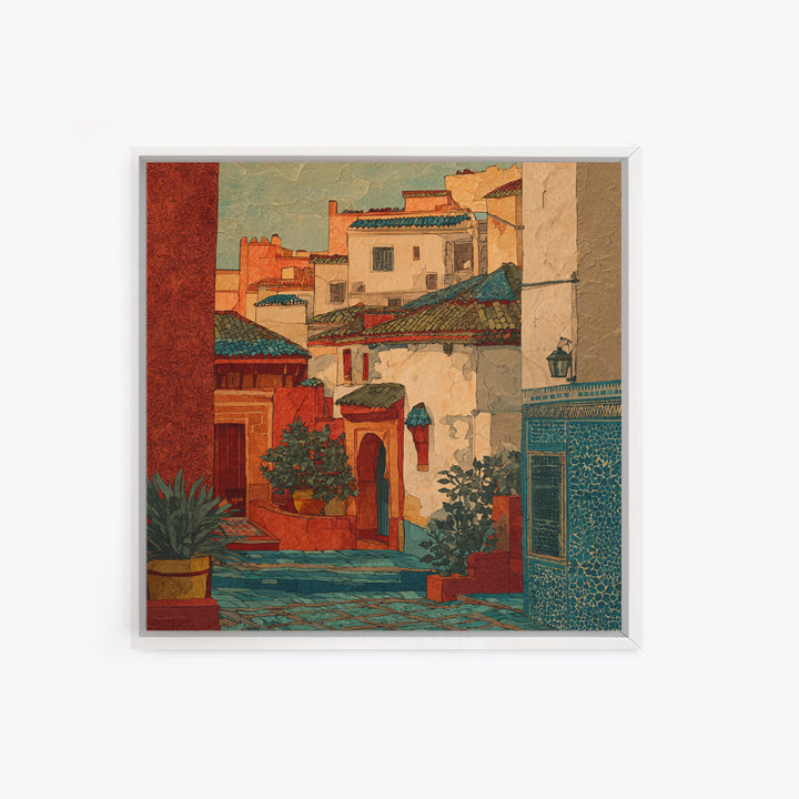Sunset over Red Tiled Rooftops Framed Canvas Print, Mediterranean Art, Watercolor Painting, Living Room Decor, Fine Art, Azure, MAR-1x1-47