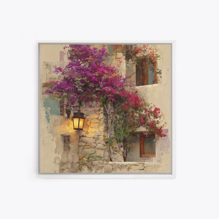 Bougainvillea Cascading over Stone Wall Canvas Print, Mediterranean Art, Landscape Painting, Living Room Decor, Fine Art, Azure, MAR-1x1-5