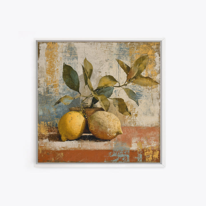 Olive Branch and Lemons on Terracotta Ground Canvas Print, Mediterranean Art, Minimalist Wall Art, Living Room Decor, Azure, MAR-1x1-50