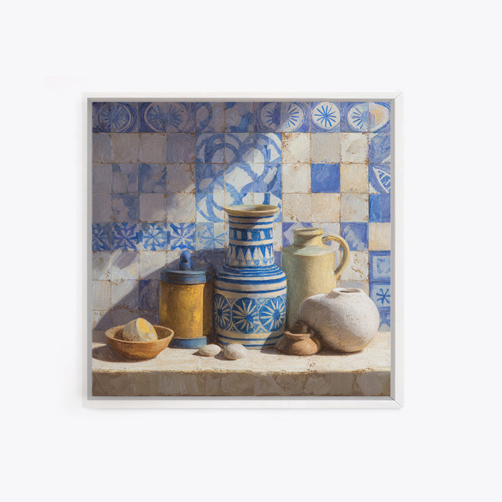 Blue and White Tile Pattern Framed Canvas Print, Mediterranean Art, Watercolor Art, Living Room Decor, Fine Art, Azure, MAR-1x1-52