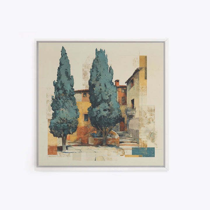 Tuscan Cypress Trees and Golden Hillside Canvas Print, Mediterranean Art, Beach Wall Art, Living Room Decor, Oil Painting, MAR-1x1-54