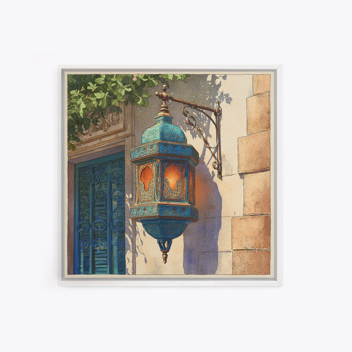 Moroccan Influenced Lantern Framed Canvas Print, Mediterranean Art, Living Room Art, Living Room Decor, Abstract Art, Azure, MAR-1x1-57