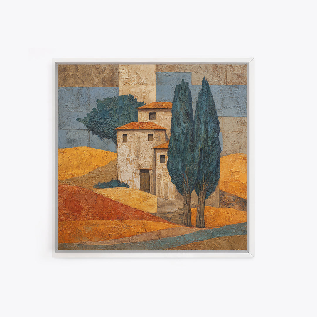 Tuscan Cypress Trees and Golden Hillside Canvas Print, Mediterranean Art, Nautical Decor, Living Room Decor, Azure, MAR-1x1-6