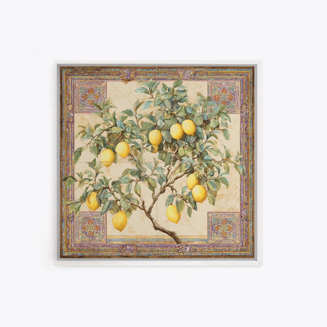 Sicilian Lemon Branch on Ivory Background Framed Canvas Print, Mediterranean Art, Gallery Wall Art, Living Room Decor, Azure, MAR-1x1-61