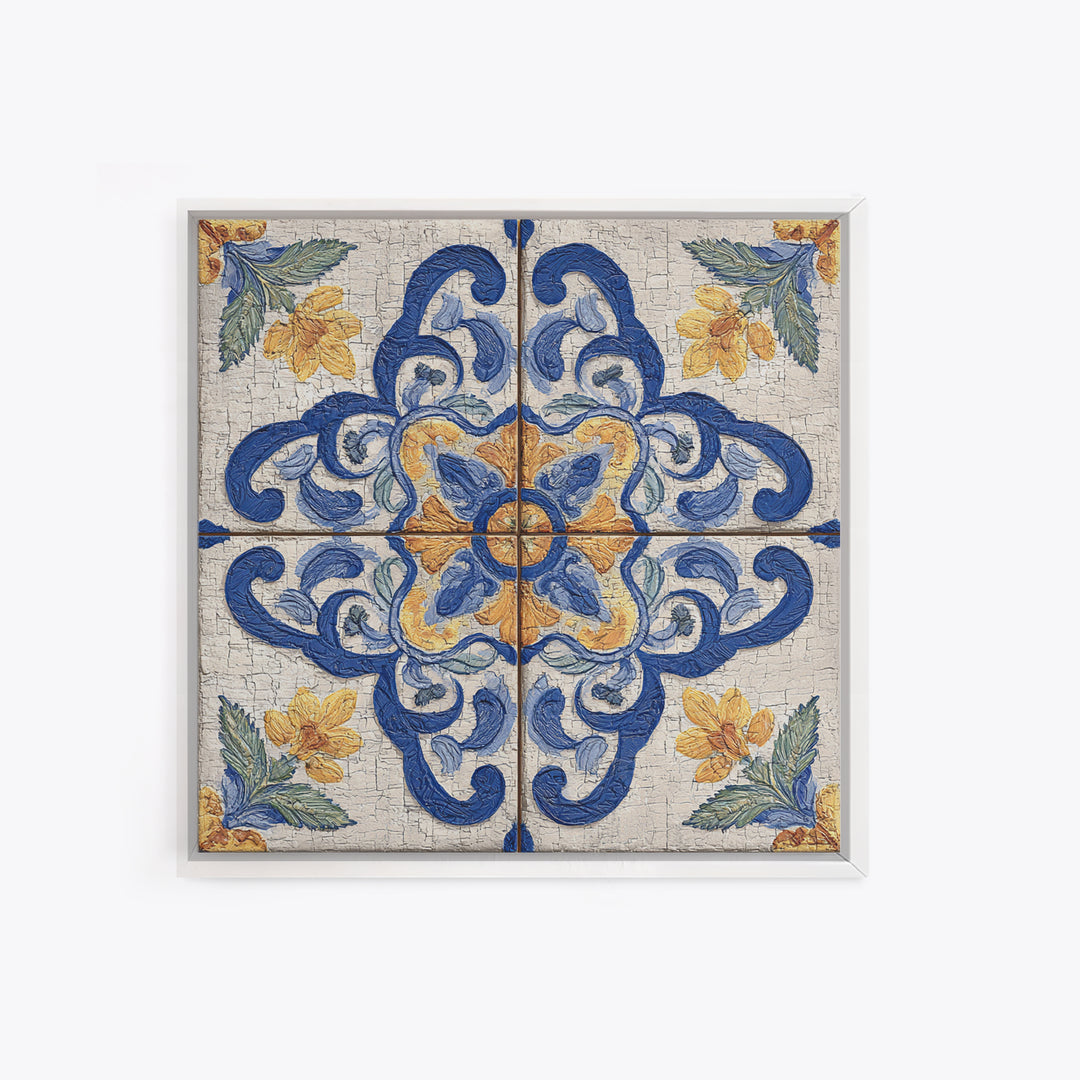 Spanish Tile Ornament Framed Canvas Print, Mediterranean Art, Coastal Wall Art, Living Room Decor, Azure, Living Room Art, MAR-1x1-64