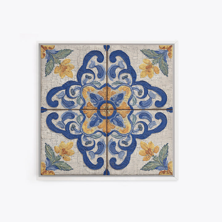 Spanish Tile Ornament Framed Canvas Print, Mediterranean Art, Coastal Wall Art, Living Room Decor, Azure, Living Room Art, MAR-1x1-64