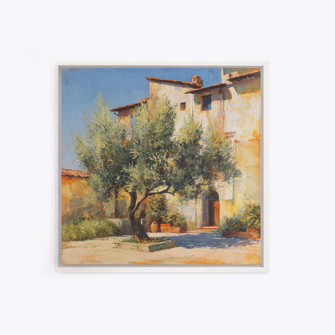 Olive Grove under Pale Morning Light Framed Canvas Print, Mediterranean Art, Landscape Wall Art, Living Room Decor, Azure, MAR-1x1-65