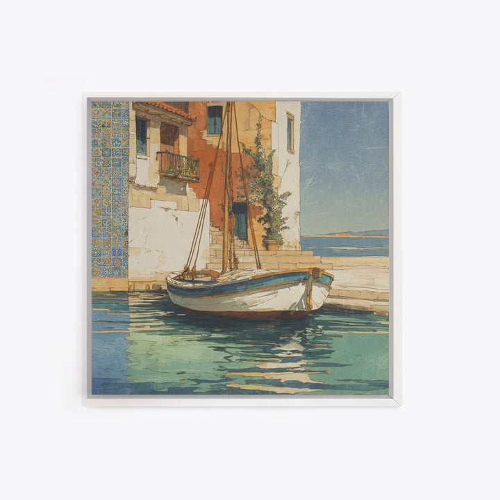 Mediterranean Sailboat on Glassy Water Framed Canvas Print, Mediterranean Art, Watercolor Art, Living Room Decor, Abstract Art, MAR-1x1-66