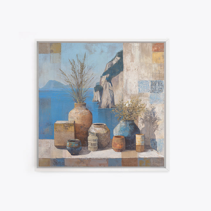 Coastal Cliffs with Sparkling Blue Water Framed Canvas Print, Mediterranean Art, Landscape Painting, Living Room Decor, Azure, MAR-1x1-68