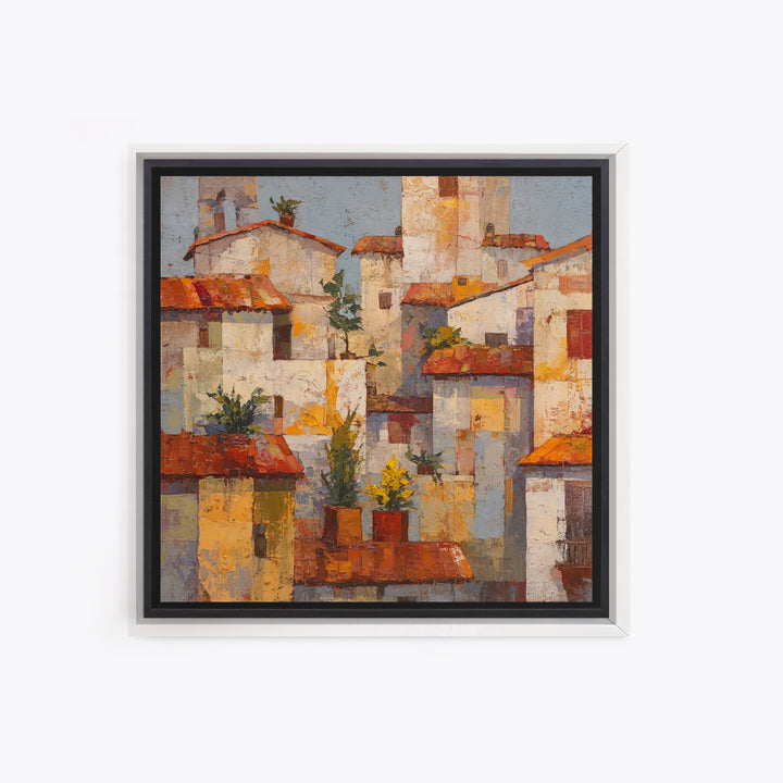Sunset over Red Tiled Rooftops Framed Canvas Print, Mediterranean Art, Gallery Wall Art, Living Room Decor, Fine Art, Azure, MAR-1x1-71