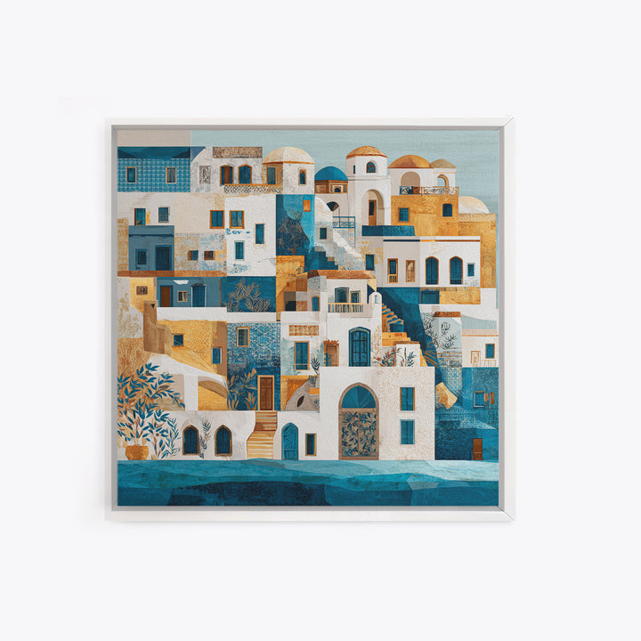 Greek Island White Buildings Above Blue Sea Canvas Print, Mediterranean Art, Neutral Decor, Living Room Decor, Azure, MAR-1x1-73