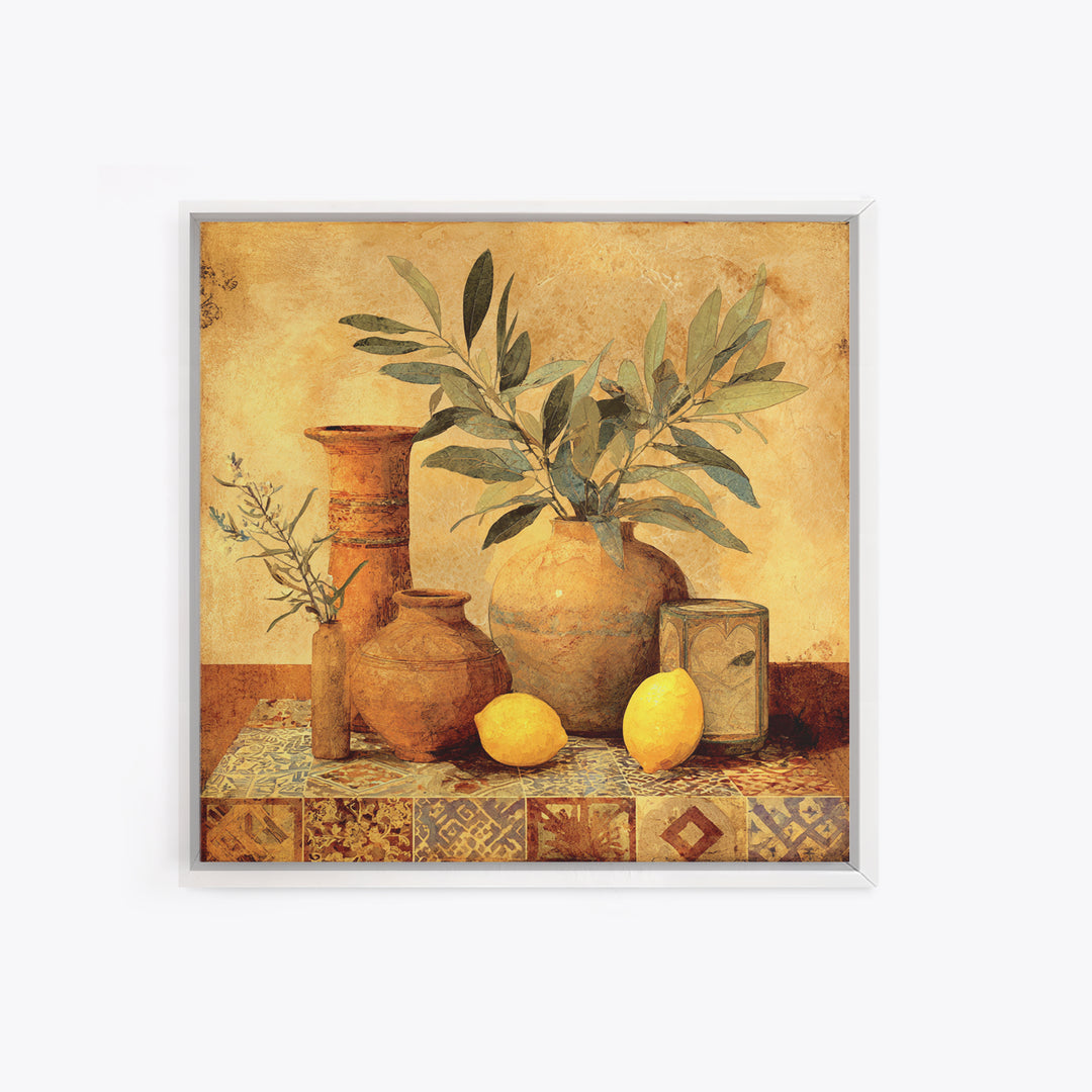 Olive Branch and Lemons on Terracotta Ground Canvas Print, Mediterranean Art, Downloadable Art, Living Room Decor, Azure, MAR-1x1-74