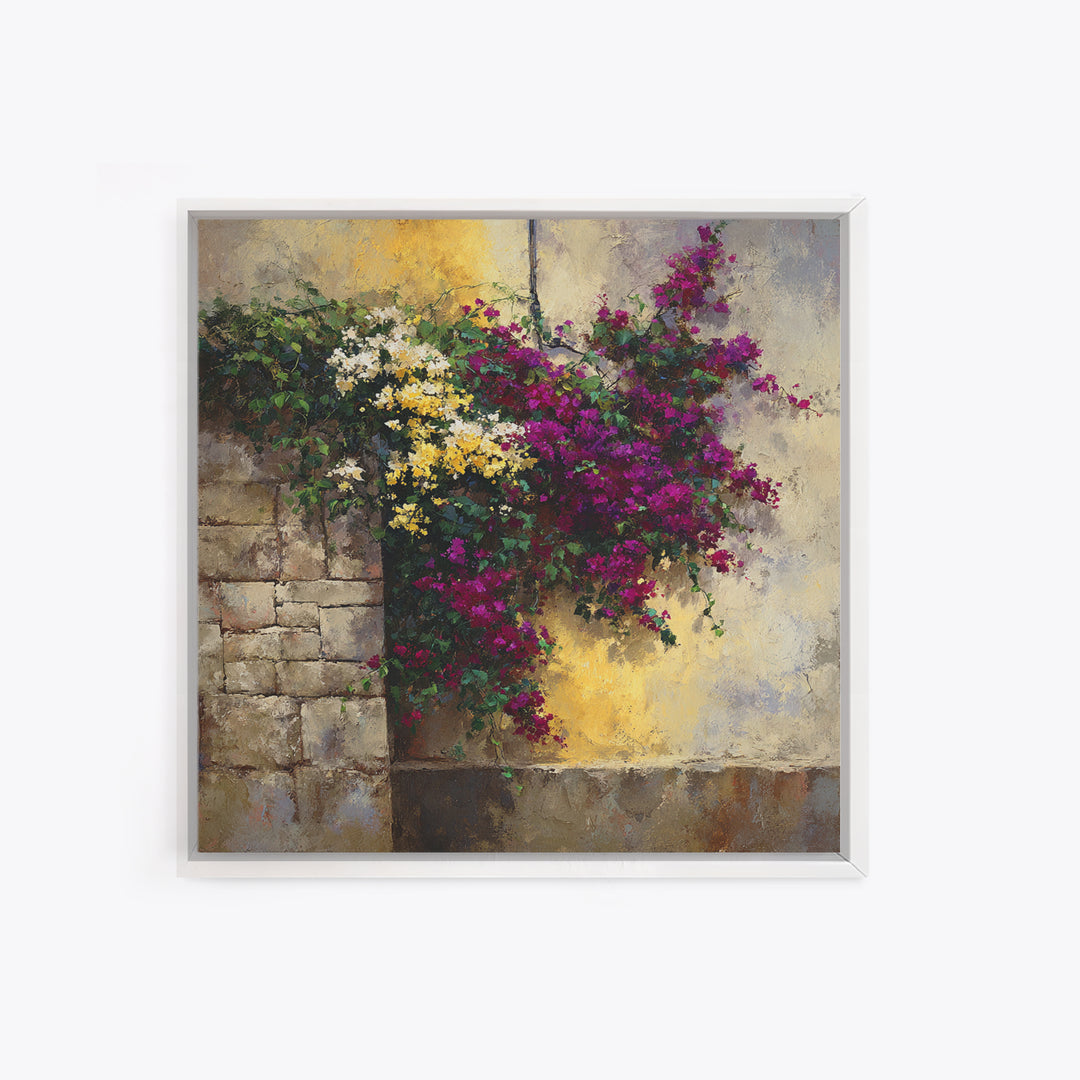Bougainvillea Cascading over Stone Wall Canvas Print, Mediterranean Art, Modern Decor, Living Room Decor, Fine Art, Azure, MAR-1x1-77