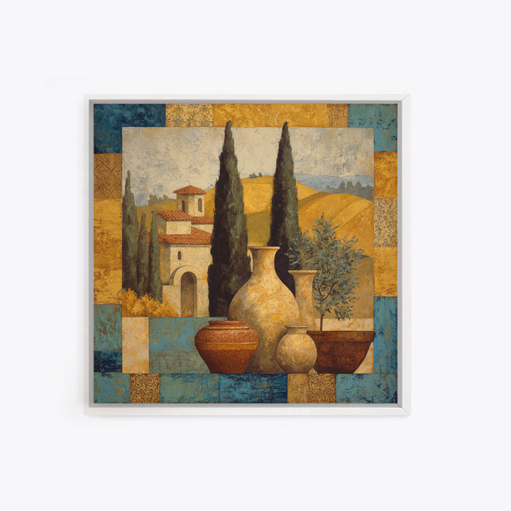 Tuscan Cypress Trees and Golden Hillside Framed Canvas Print, Mediterranean Art, Beach Prints, Living Room Decor, Azure, MAR-1x1-78