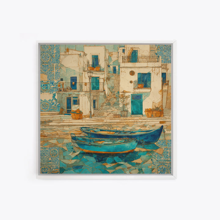 Coastal Fishing Boats Framed Canvas Print, Mediterranean Art, Wall Decor, Living Room Decor, Oil Painting, Azure, MAR-1x1-79