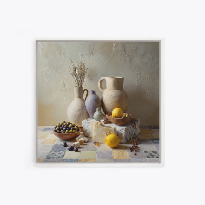 Figs Olives and Cheese Still Life Framed Canvas Print, Mediterranean Art, Printable Art, Living Room Decor, Fine Art, Azure, MAR-1x1-8