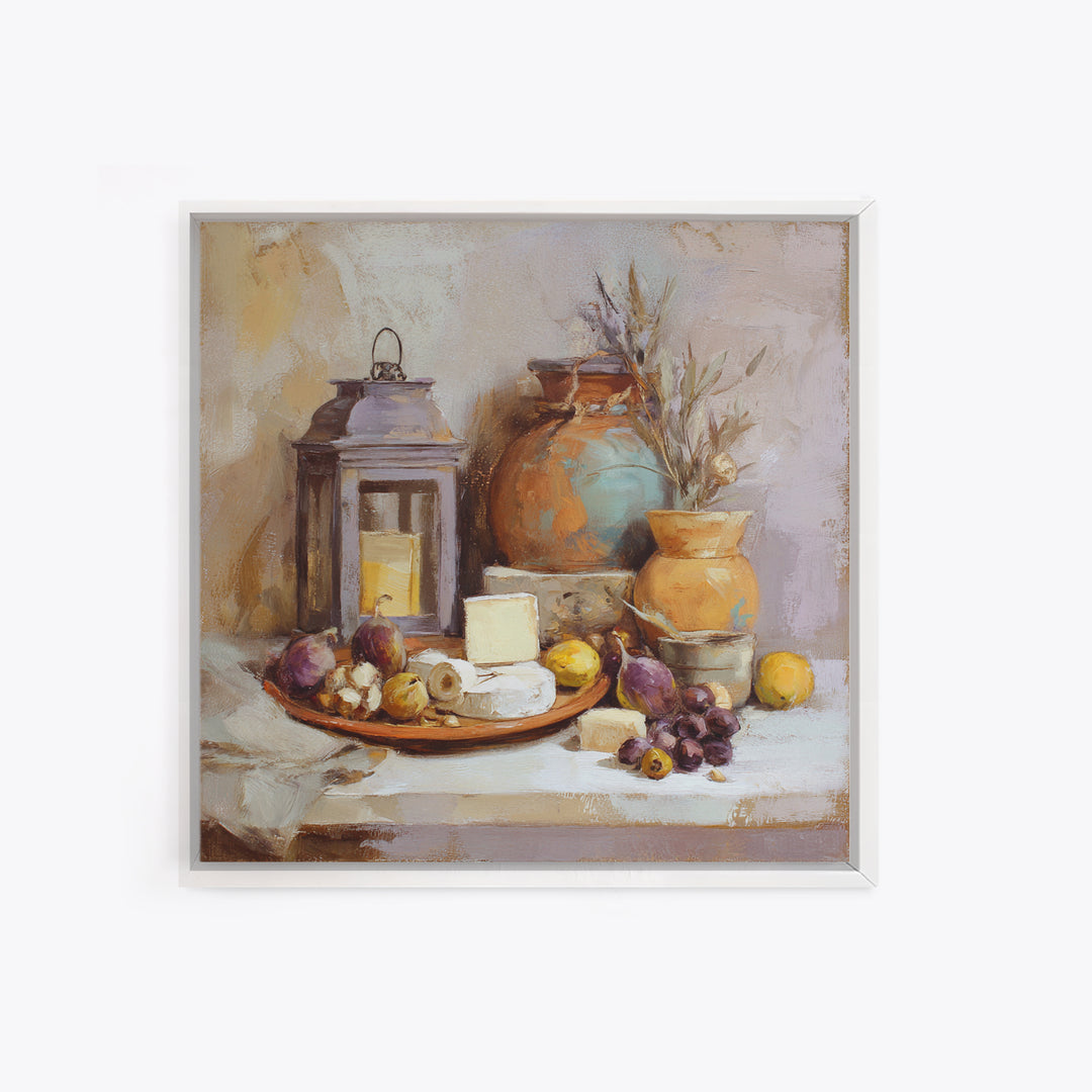 Figs Olives and Cheese Still Life Framed Canvas Print, Mediterranean Art, Wall Decor, Living Room Decor, Fine Art, Azure, MAR-1x1-80