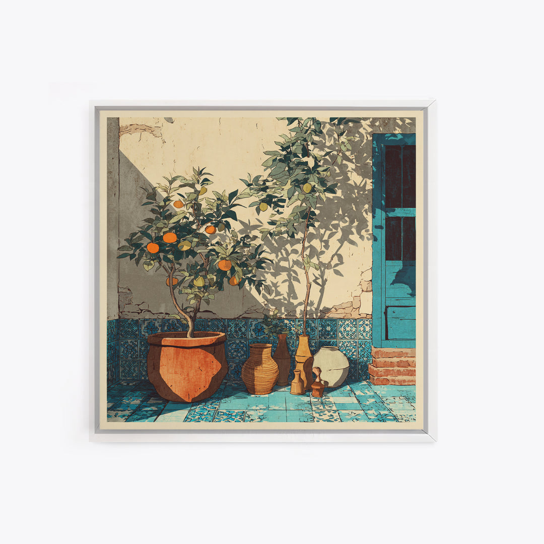 Citrus Tree in Clay Pot Canvas Print, Mediterranean Art, Coastal Wall Decor, Living Room Decor, Oil Painting, Azure, MAR-1x1-82