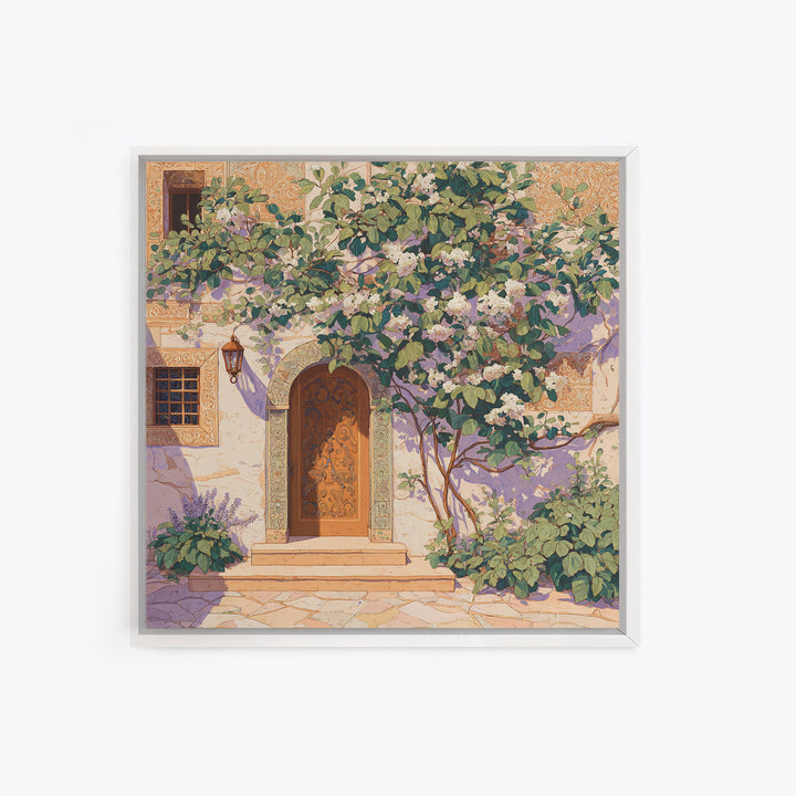 Sunlit Courtyard Doorway Framed Canvas Print, Mediterranean Art, Neutral Decor, Living Room Decor, Oil Painting, Azure, MAR-1x1-83