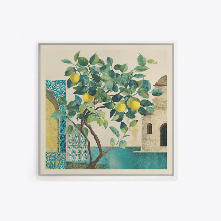 Sicilian Lemon Branch on Ivory Background Canvas Print, Mediterranean Art, Travel Poster, Living Room Decor, Oil Painting, MAR-1x1-85