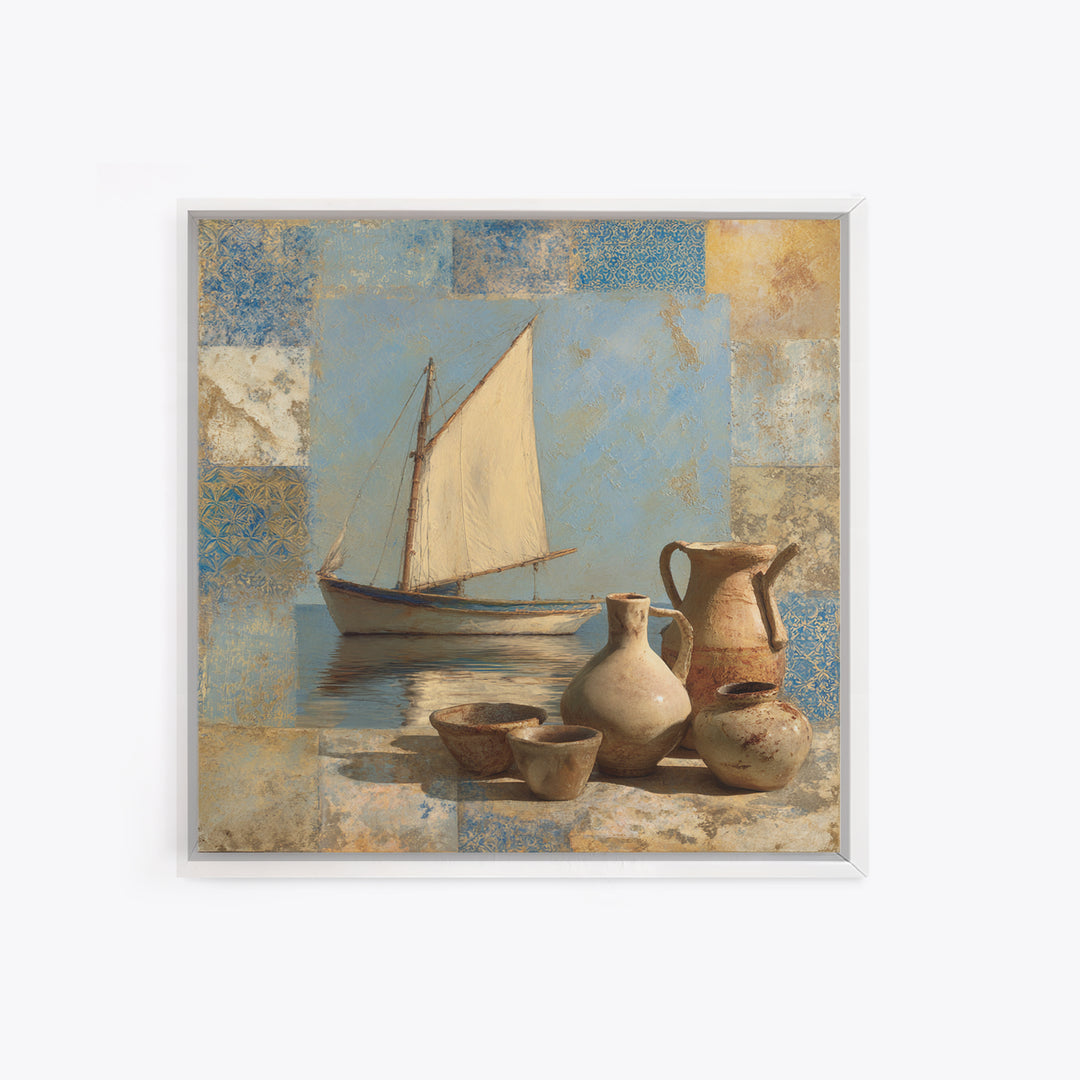 Mediterranean Sailboat on Glassy Water Canvas Print, Mediterranean Art, Gallery Wall Art, Living Room Decor, Fine Art, Azure, MAR-1x1-90