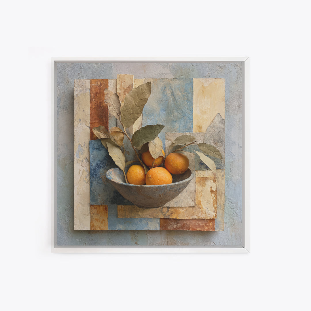 Ceramic Bowl of Oranges and Leaves Framed Canvas Print, Mediterranean Art, Wall Decor, Living Room Decor, Oil Painting, Azure, MAR-1x1-93