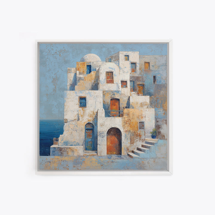 Greek Island White Buildings Above Blue Sea Canvas Print, Mediterranean Art, Luxury Decor, Living Room Decor, Oil Painting, MAR-1x1-97