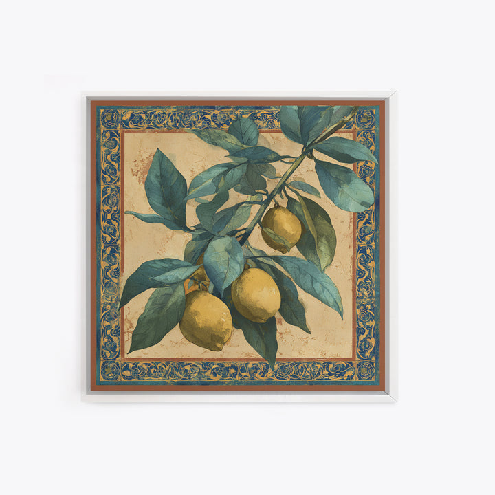 Olive Branch and Lemons on Terracotta Ground Canvas Print, Mediterranean Art, Wall Decor, Living Room Decor, Fine Art, Azure, MAR-1x1-98