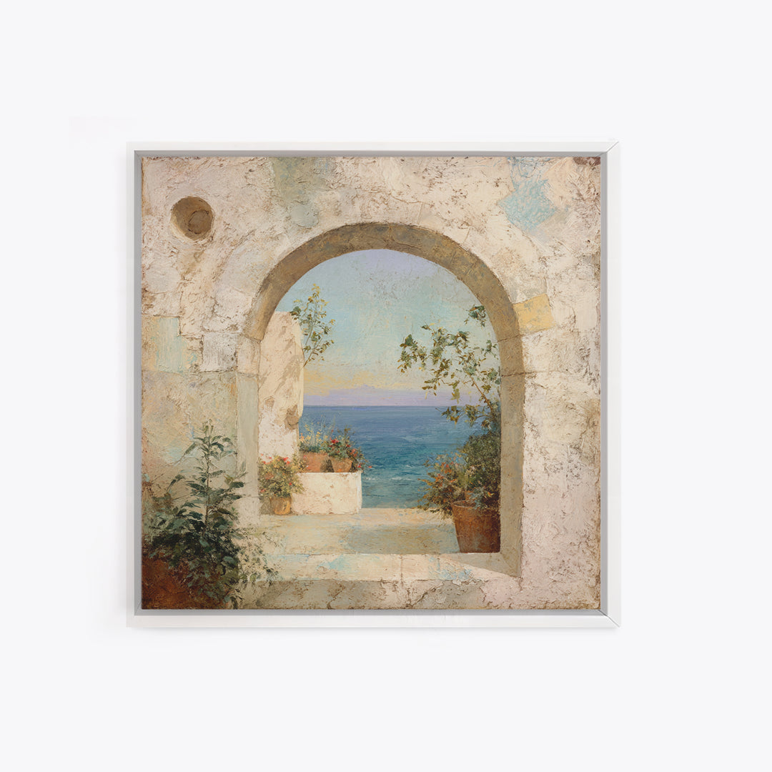 Mediterranean Arch Framing Ocean Horizon Canvas Print, Mediterranean Art, Living Room Decor, Oil Painting, Azure, MAR-1x1-99