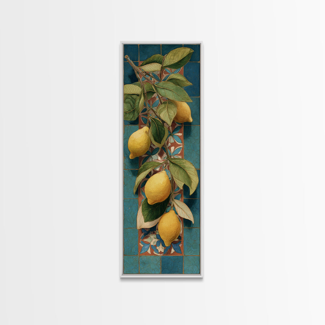Olive Branch and Lemons on Terracotta Ground Canvas Print, Mediterranean Art, Beach Wall Art, Living Room Decor, Azure, MAR-1x3-14