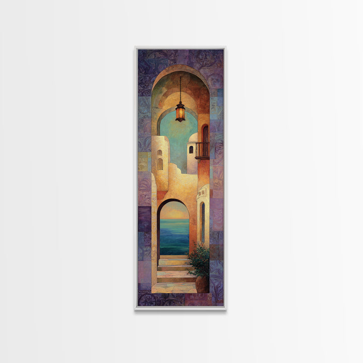 Mediterranean Arch Framing Ocean Horizon Framed Canvas Print, Mediterranean Art, Statement Artwork, Living Room Decor, Azure, MAR-1x3-15