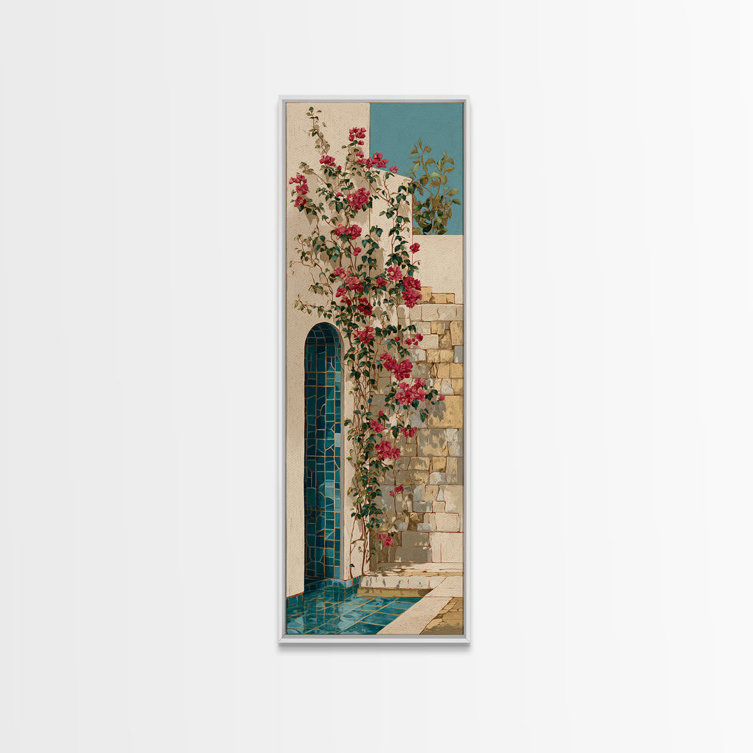 Bougainvillea Cascading over Stone Wall Canvas Print, Mediterranean Art, Modern Decor, Living Room Decor, Fine Art, Azure, MAR-1x3-17
