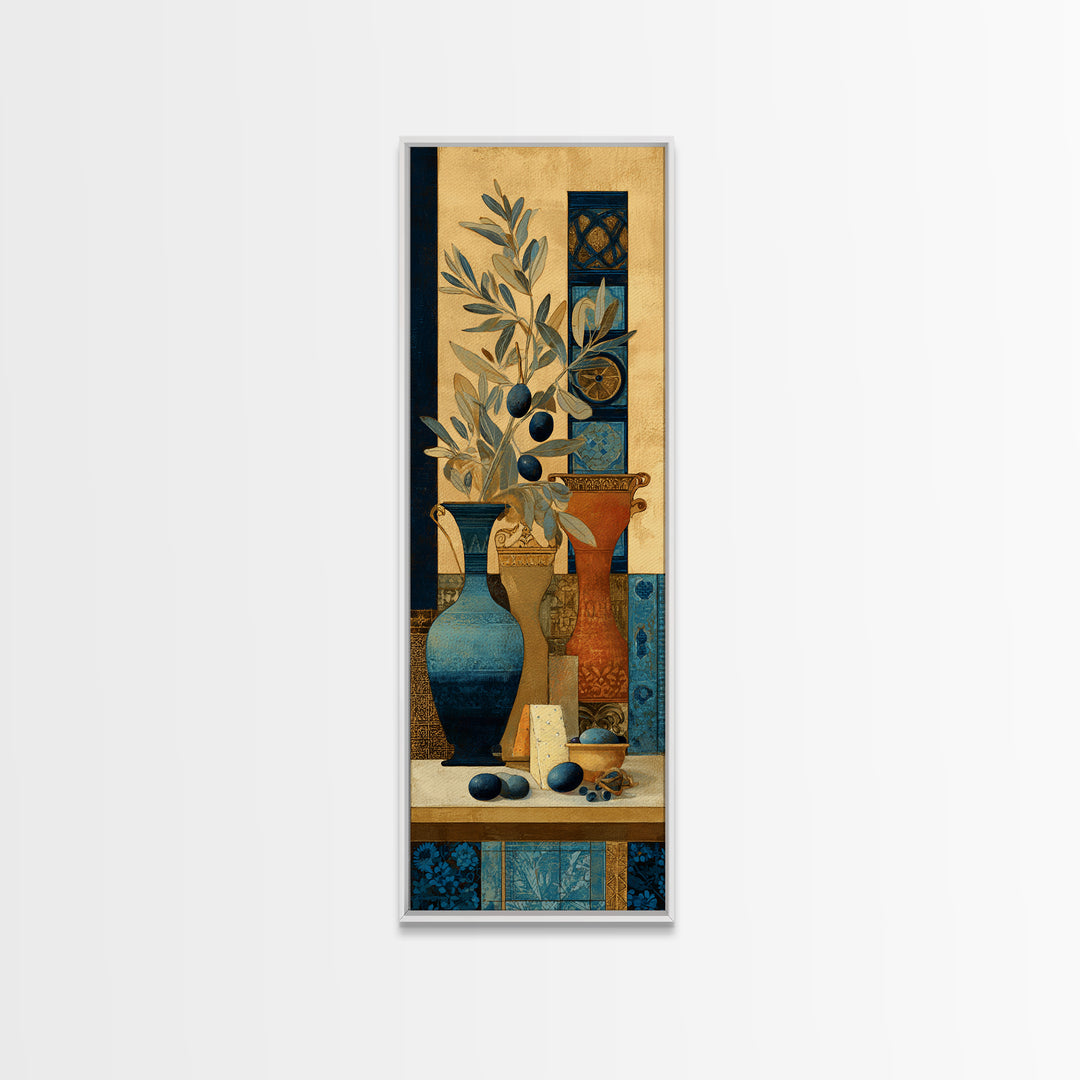 Figs Olives and Cheese Still Life Framed Canvas Print, Mediterranean Art, Travel Poster, Living Room Decor, Fine Art, Azure, MAR-1x3-20