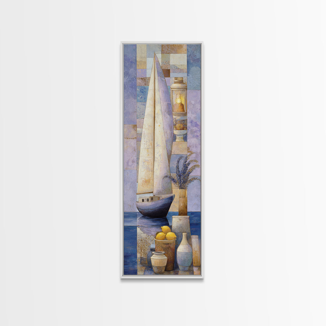 Mediterranean Sailboat on Glassy Water Framed Canvas Print, Mediterranean Art, Coastal Decor, Living Room Decor, Oil Painting, MAR-1x3-30