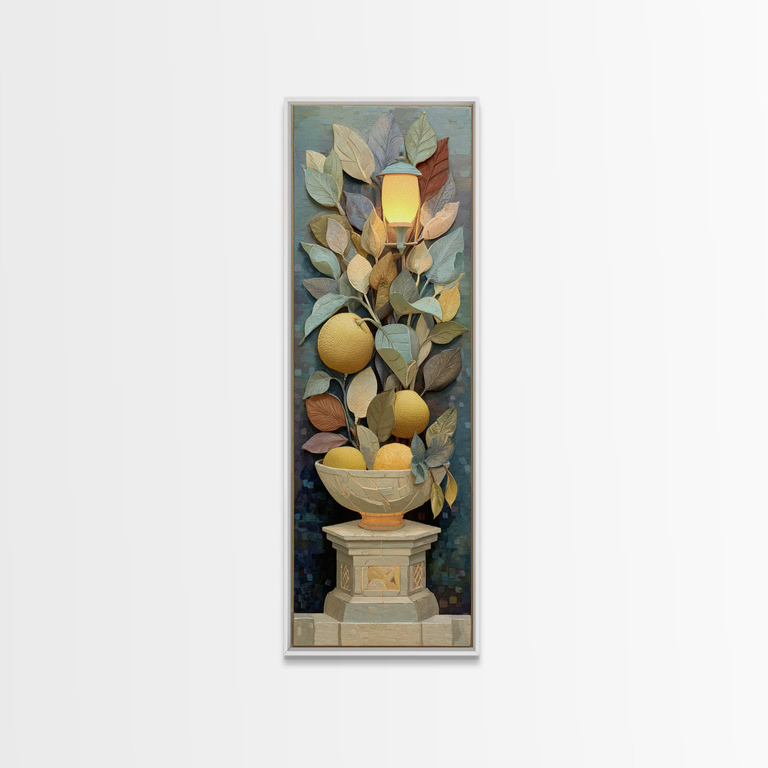 Ceramic Bowl of Oranges and Leaves Canvas Print, Mediterranean Art, Digital Wall Art, Living Room Decor, Fine Art, Azure, MAR-1x3-33