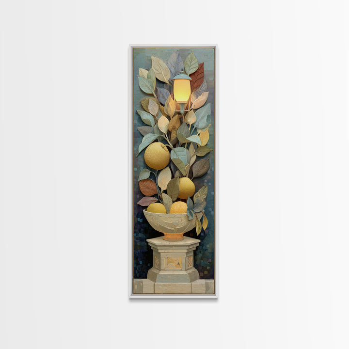 Ceramic Bowl of Oranges and Leaves Canvas Print, Mediterranean Art, Digital Wall Art, Living Room Decor, Fine Art, Azure, MAR-1x3-33