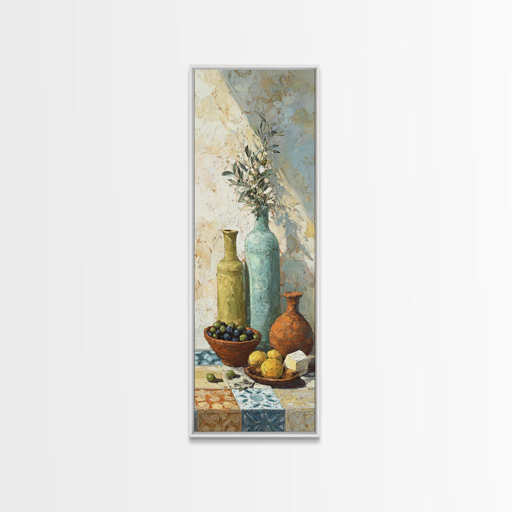 Figs Olives and Cheese Still Life Canvas Print, Mediterranean Art, Statement Artwork, Living Room Decor, Fine Art, Azure, MAR-1x3-44