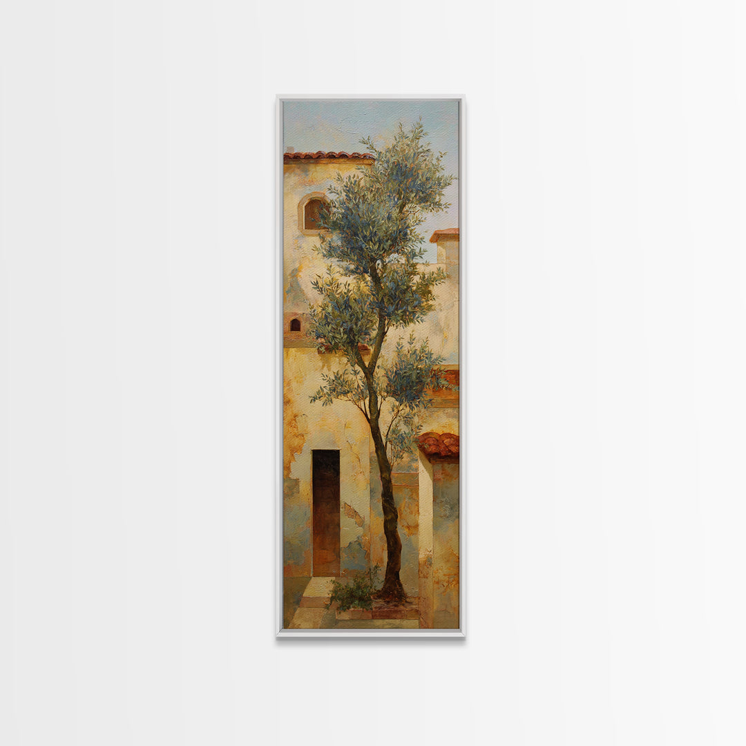Olive Grove under Pale Morning Light Framed Canvas Print, Mediterranean Art, Downloadable Art, Living Room Decor, Azure, MAR-1x3-53