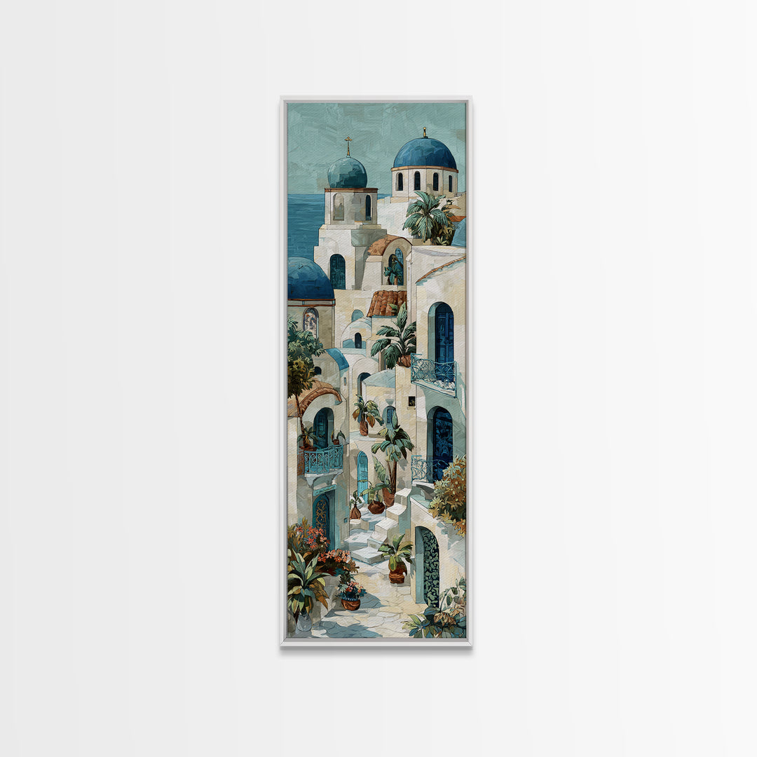 Greek Island White Buildings Above Blue Sea Framed Canvas Print, Mediterranean Art, Modern Decor, Living Room Decor, Azure, MAR-1x3-61