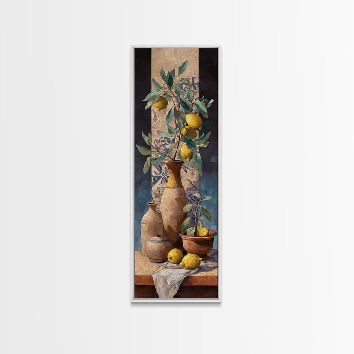 Olive Branch and Lemons on Terracotta Ground Canvas Print, Mediterranean Art, Beach Prints, Living Room Decor, Azure, MAR-1x3-62